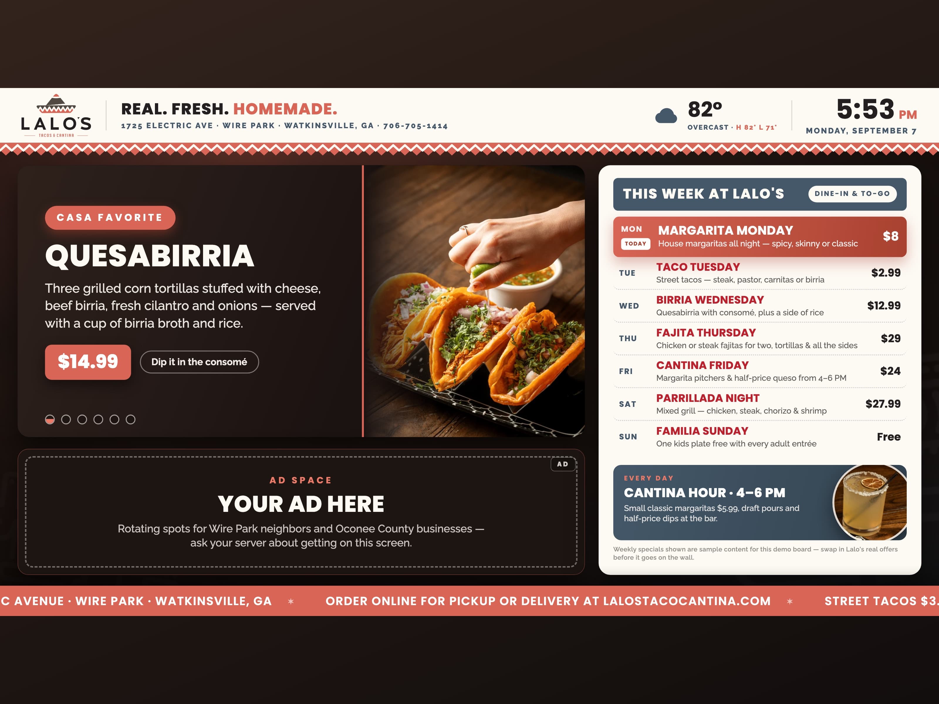 LALO's Specials Board — live website screenshot